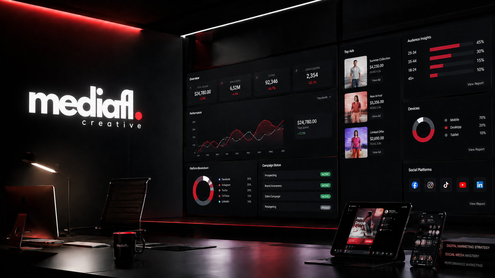 MEDIAFL content creator in a neon-lit studio